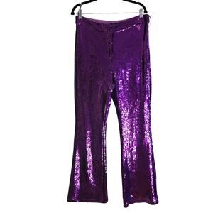 River Island Pants Womens 14 Purple Sequin Flare High Rise Party Glam NYE NEW